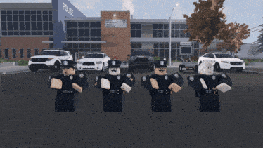 a group of police officers stand in front of a police building