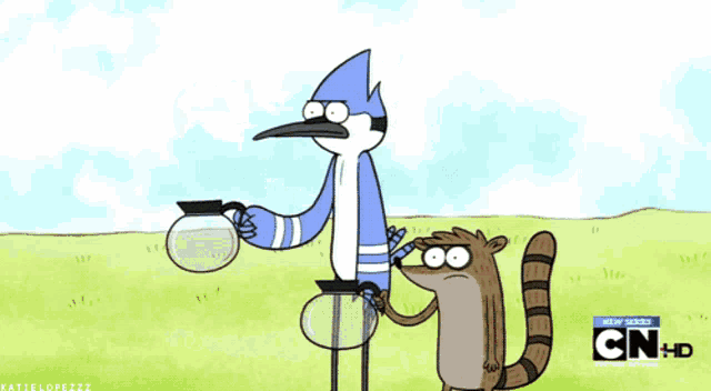 two cartoon characters are riding a red lawn mower with cn hd written on the bottom right