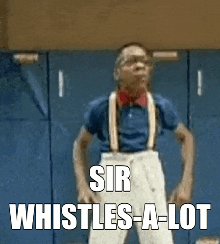 a man wearing suspenders and a blue shirt is saying sir whistles-a-lot