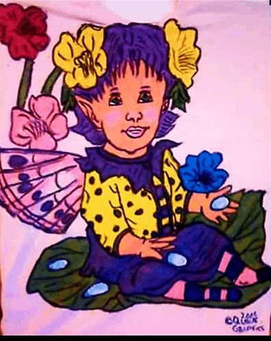 a drawing of a little girl with flowers on her head and the name eddie on the bottom of the drawing