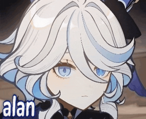 a close up of a girl with the name alan on the bottom right