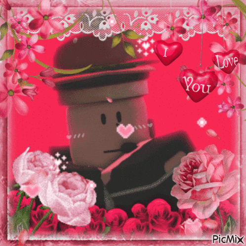 a picture of a man surrounded by pink flowers and hearts with the words love you on it
