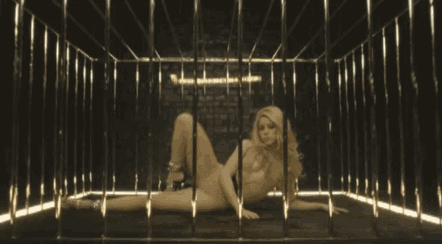 a woman in a gold bodysuit is laying in a cage
