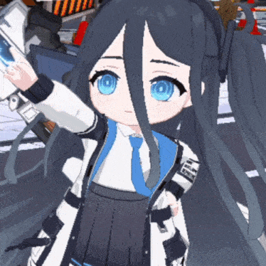 a drawing of a girl with long black hair and blue eyes has a sticker on her jacket that says ' tokyo ' on it
