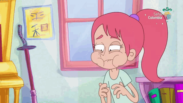 a cartoon of a girl with her mouth open and a sign that says ' colombia ' on it
