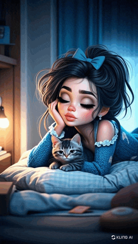 an illustration of a girl laying on a bed with a kitten by kling ai