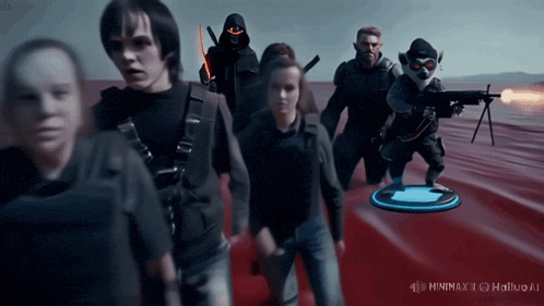 a group of people are walking in a line with the words " minimax to halluvai " on the bottom