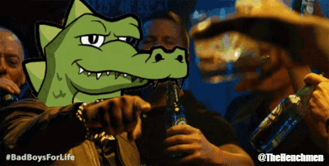 a cartoon of a crocodile holding a beer bottle with the hashtag #badboysforlife at the bottom