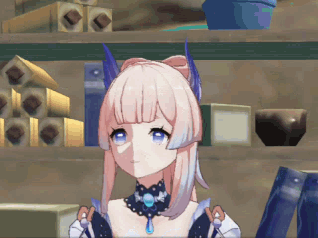 a girl with pink hair and blue eyes is standing in a room
