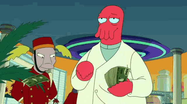 a cartoon of a man holding a stack of money that says 100 on it