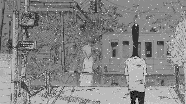 a black and white drawing of a man and a woman standing in front of a train in the snow .