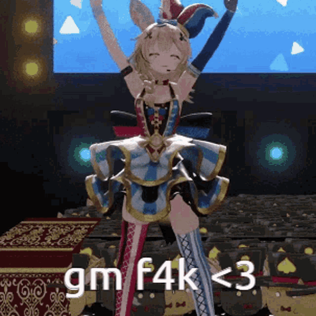 a girl in a clown costume is dancing in front of a crowd with the words gm f4k < 3 written below her