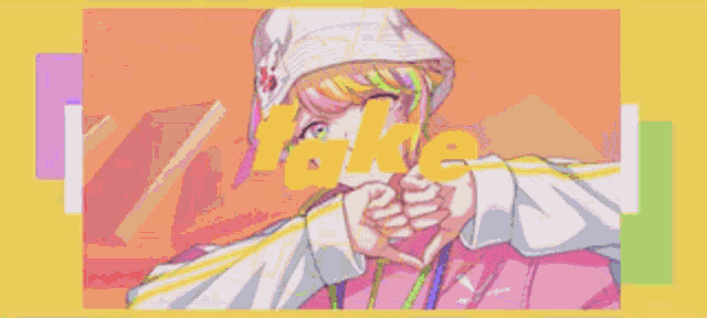 a girl in a pink hoodie is making a heart shape with her hands and the word fake is visible