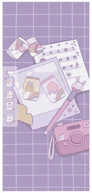 a purple grid background with a pink camera a pencil and a note with chinese writing on it