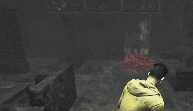 a video game scene with a green monster in the foreground and a man holding a gun in the background