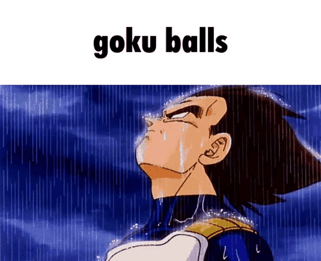 a cartoon character is crying in the rain with the words goku balls written above him