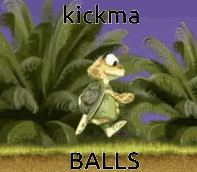 a cartoon turtle is jumping in the air with the words kickma balls written below it