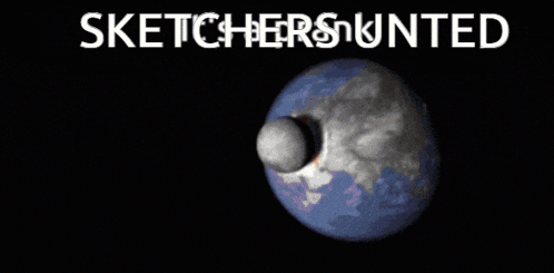 a drawing of a planet exploding with the words " sketchers united " below it