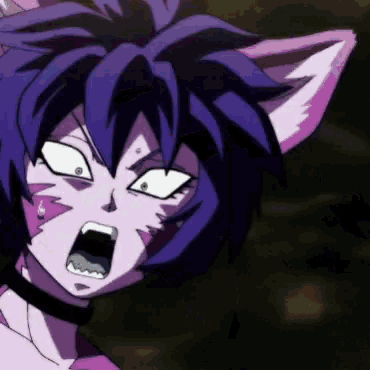 a close up of a cartoon character with purple hair and ears