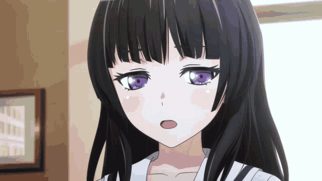 a girl with long black hair and purple eyes looks at the camera