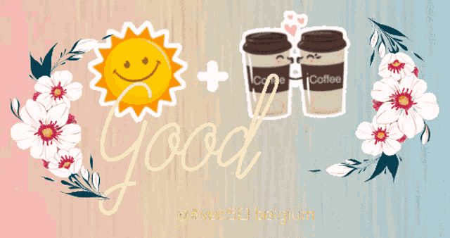 a sign that says " good morning " with a sun and two cups of coffee