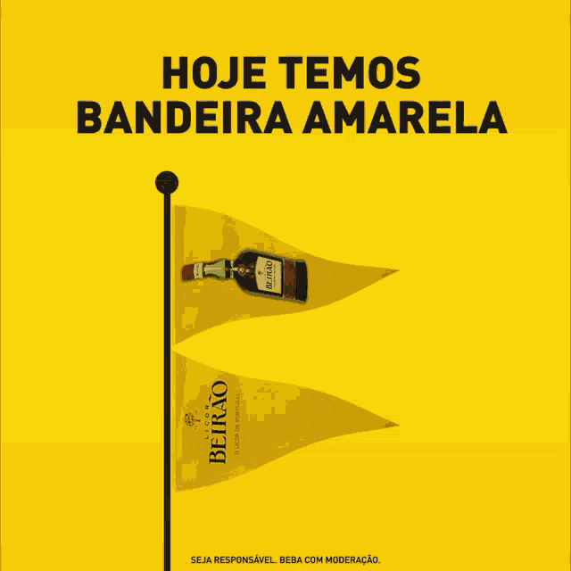 a bottle of licor beirão is on a yellow banner