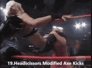 two wrestlers are fighting in a ring and the caption reads 19.headscissors modified axe kicks
