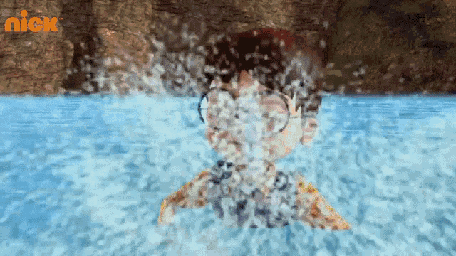 a cartoon character is swimming in a pool with a nick logo in the background .