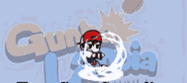 a cartoon of a man in a red hat is surrounded by bubbles in front of a blue background with the word gloria