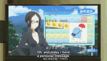a woman is standing in front of a screen that says " oh and today i have a personal message "