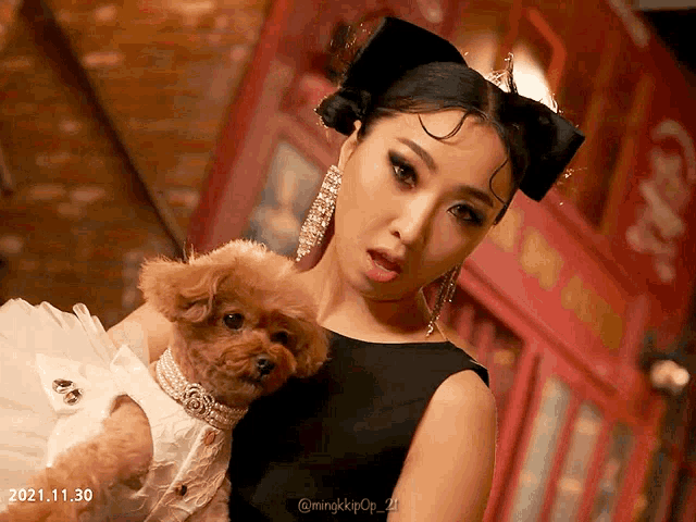 a woman in a black dress is holding a small brown dog in her arms