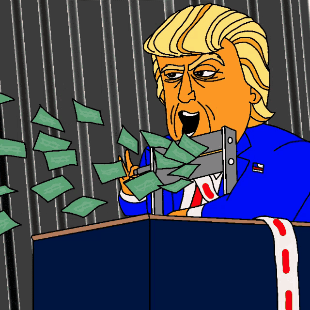 a cartoon of donald trump giving a speech with money falling around him
