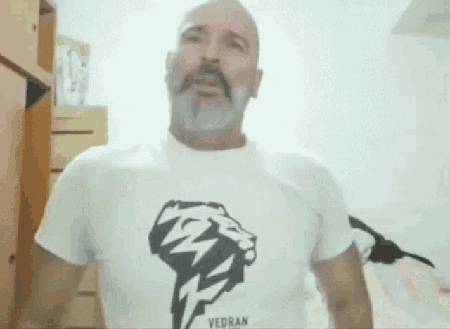 a bald man with a beard is wearing a t-shirt that says vedran on it