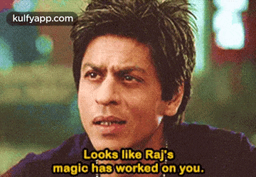 a close up of a man 's face with the words `` looks like raj 's magic has worked on you ''