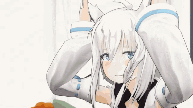 a cartoon character with white hair and blue sleeves is holding her head