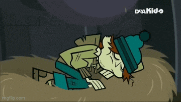 a cartoon character is sleeping in a pile of hay with a deakids logo in the background