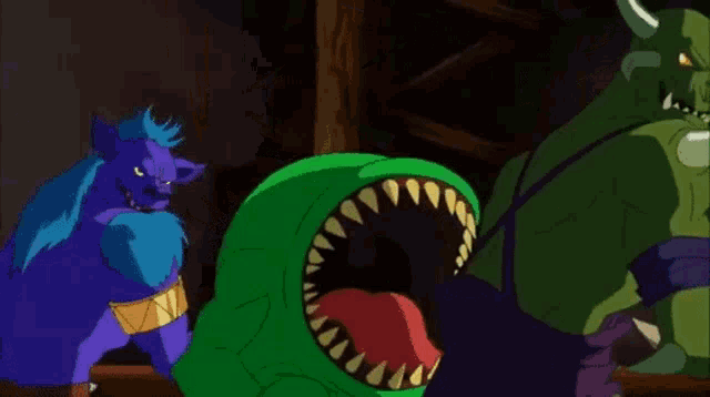 a cartoon of a green monster with horns and a large mouth