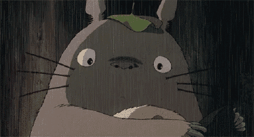 a cartoon totoro is standing in the rain with a green leaf on its head .