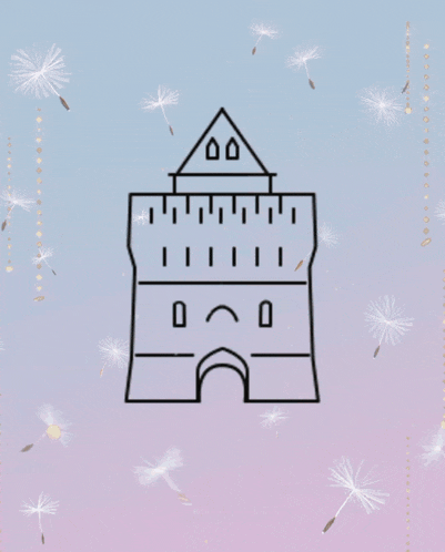 a drawing of a castle surrounded by dandelions