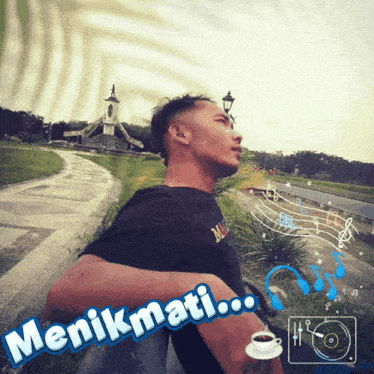 a man stands in front of a sign that says menikmati on it