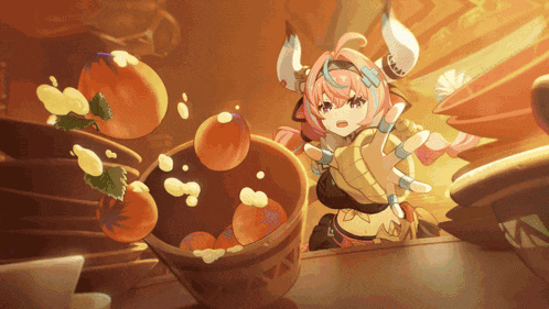 a girl with pink hair is reaching for something in a bowl