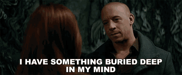 a man talking to a woman with the words " i have something buried deep in my mind " above him