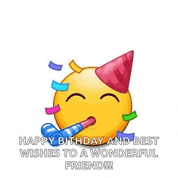 a group of smiley faces wearing party hats and confetti are flying around a yellow ball .