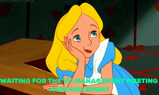 a cartoon of alice from alice in wonderland waiting for the vd management greeting announcement
