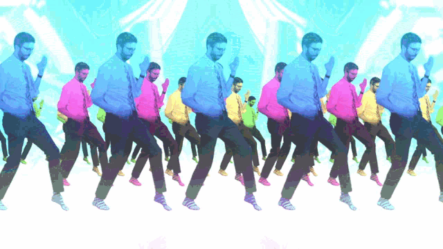 a bunch of men in different colors are dancing in a line