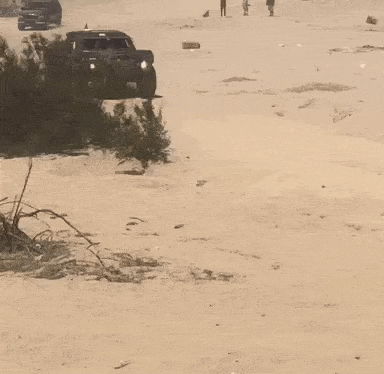 a black truck is driving down a sandy road .