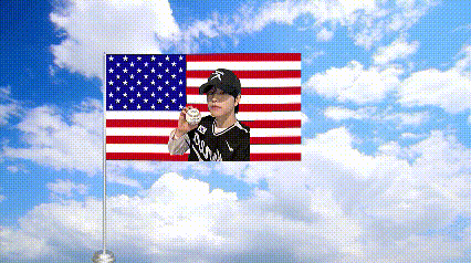 an american flag with a picture of a baseball player in the background