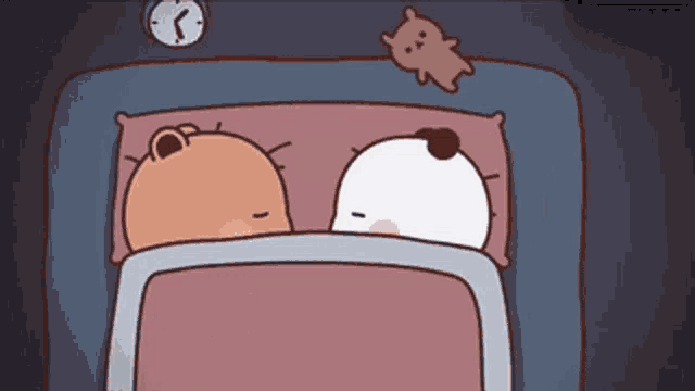 two cartoon animals are sleeping in a bed with a clock in the background