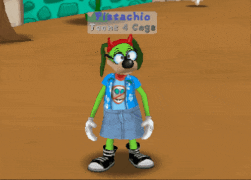 a cartoon character with the name pistachio on a sign