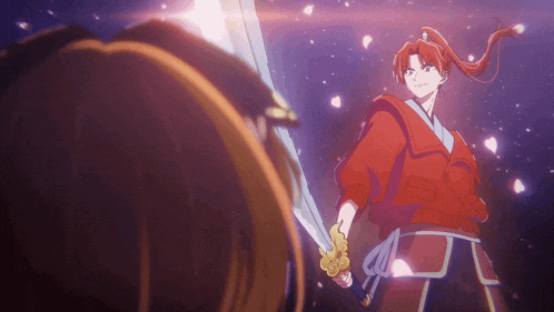 a girl with red hair is holding a sword in front of another girl